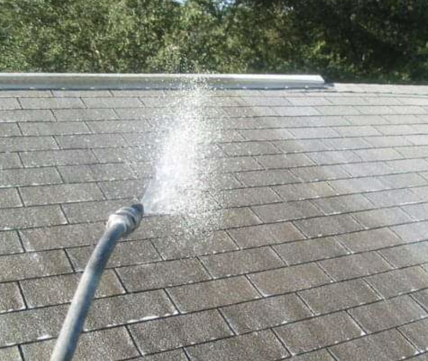 Preventative roof treatment applied in Redmond WA — zinc and copper-based inhibitor sprayed on asphalt shingles after soft-wash cleaning to slow moss and algae regrowth, by Real Great Roofing